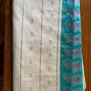 Silk Saree Embroidered Cream and Cobalt Vintage